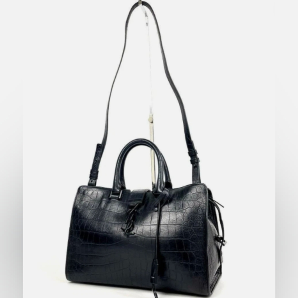 Yves Saint Laurent Black Structured Satchel with Crocodile Texture